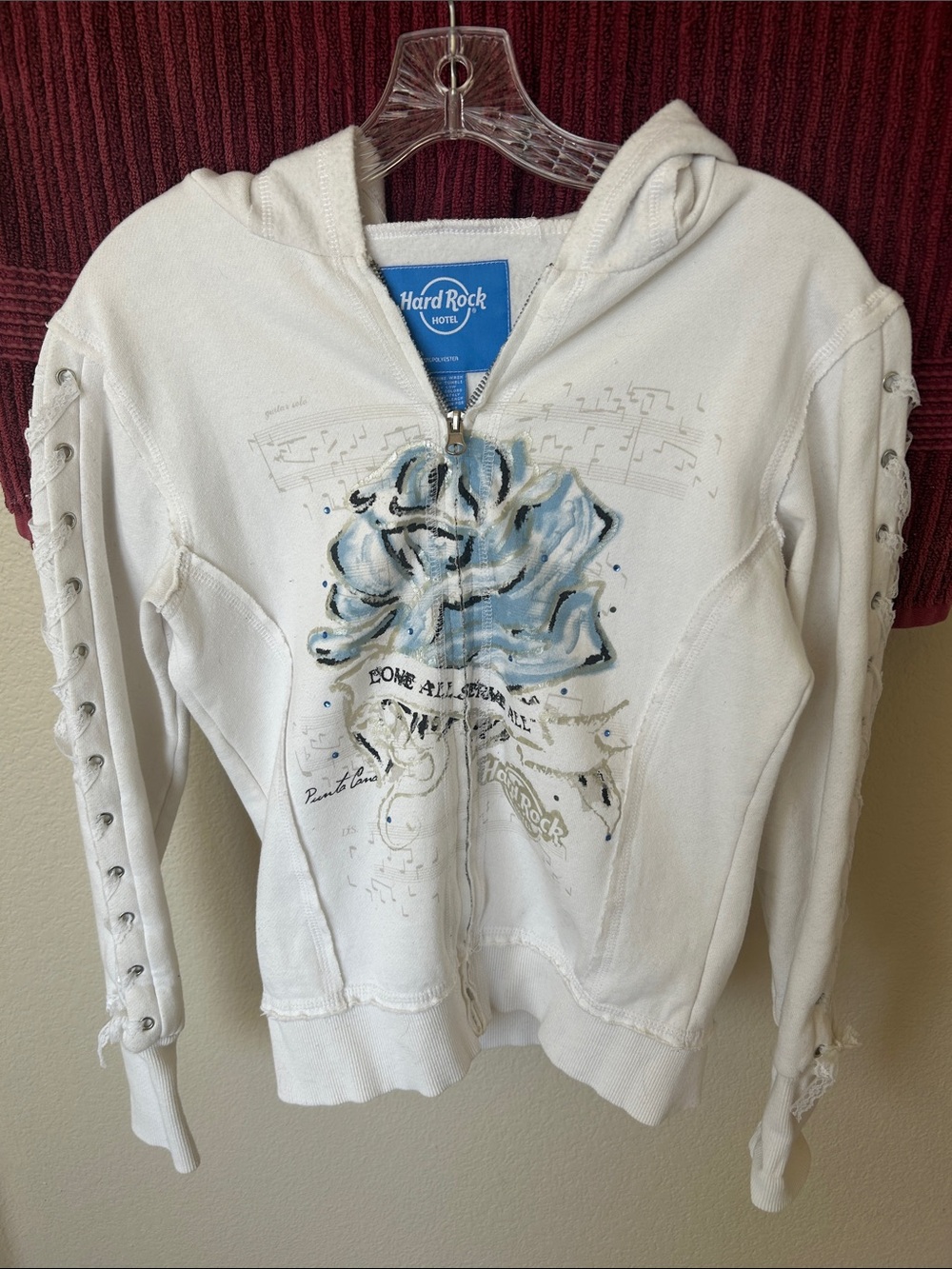 Hard Rock Cafe White Zip Hoodie with Blue Rose Graphic